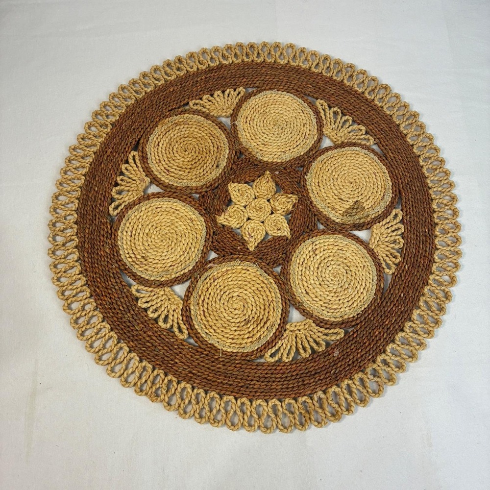 Vintage Rattan Needlepoint Center Placemat Roses Table Handmade Cottagecore Boho - Picture 5 of 5